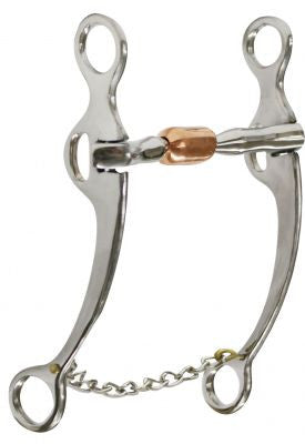 Showman™ stainless steel reining bit with 8" cheeks. Stainless steel 5" mouth piece with copper roller and slobber chain.