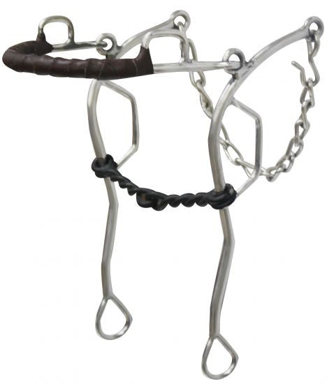Showman™ stainless steel leather wrapped nose gag hackamore with 10.5" cheeks. Blued steel twisted 5.25" broken mouth piece.