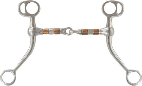 Showman™ stainless steel Tom Thumb bit with 6.75" cheeks. Stainless steel 5" broken mouth piece with small copper rollers.