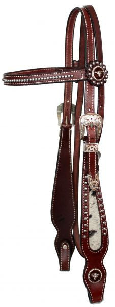 Showman™  leather browband beaded headstall and reins with hair on cowhide cheeks.
