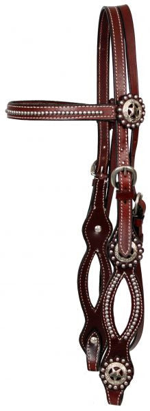 Showman™ Leather browband headstall and reins with Texas star conchos and split cheeks.