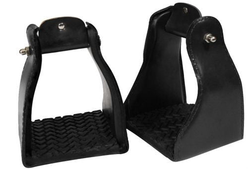 Leather covered endurance stirrup with rubber tread. 2.5" neck, 5" wide and 4.75" tread.