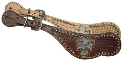 Showman™ ladies spur strap with hair on cowhide inlay cross design.