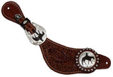 Showman™ men's size acorn tooled leather spur straps with silver engraved pleasure horse conchos.