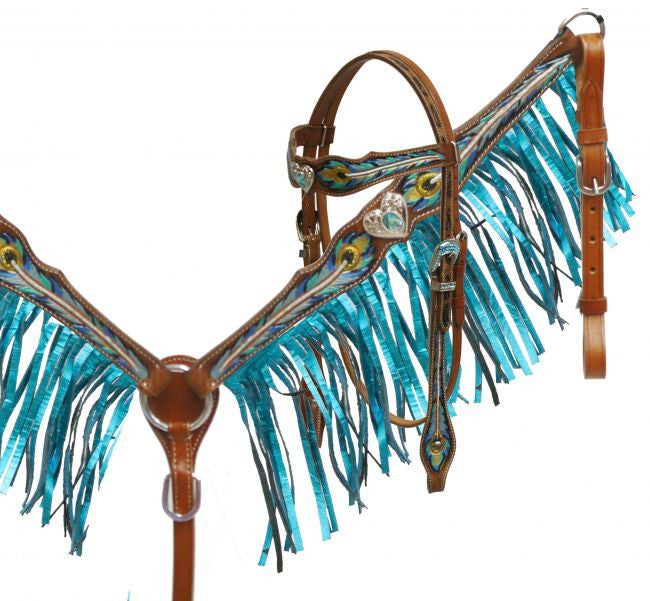 Showman ® Metallic painted peacock feather headstall and breast collar set.