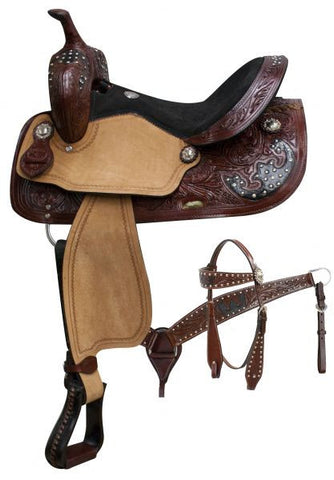 14", 15", 16" Double T  saddle set with burgundy floral tooled leather and silver studded black leather inlay.