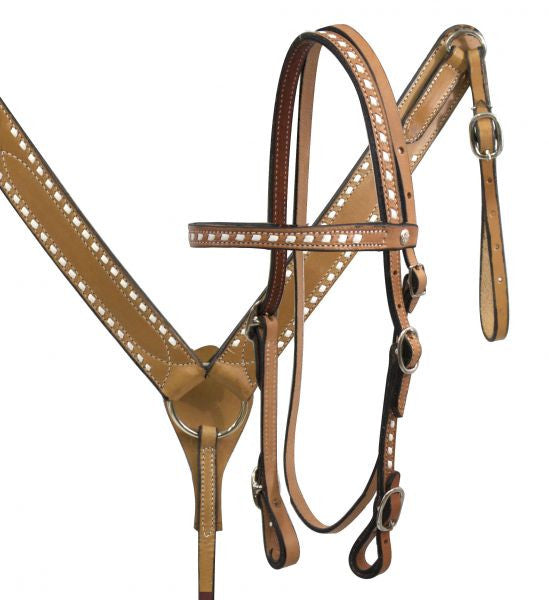 Leather buck stitched headstall with reins and matching breastcollar.