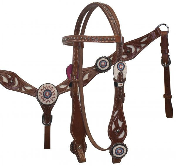 Showman® Beaded Concho Headstall and Breast Collar with Cowhair Inlay.