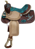 13" Double T  Barrel style saddle with zebra print seat and horse shoe design on skirts.