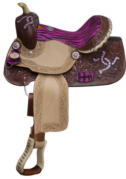 13" Double T  Barrel style saddle with zebra print seat and horse shoe design on skirts.