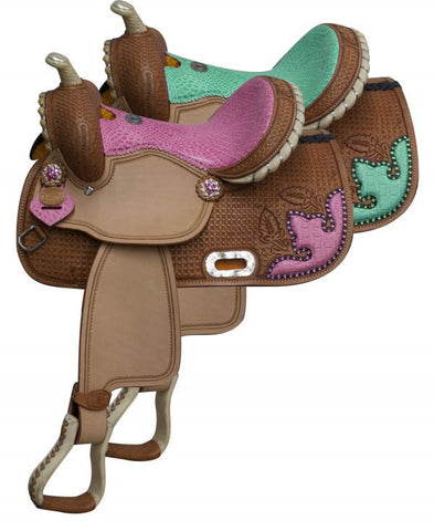 13" Double T  Barrel style saddle with alligator print seat and accents.