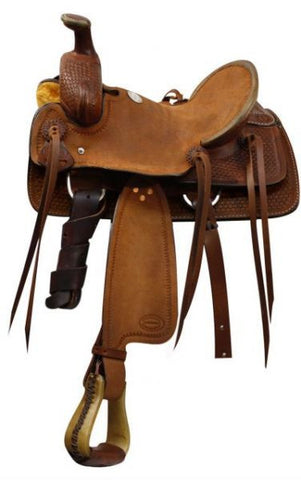 Showman™ youth Roping saddle with braided basket weave tooling.