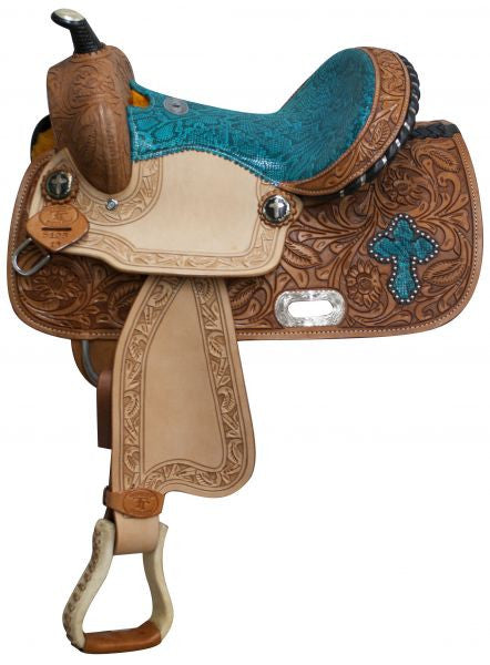 13" Double T  Barrel style saddle with teal snake print seat and cross inlay.