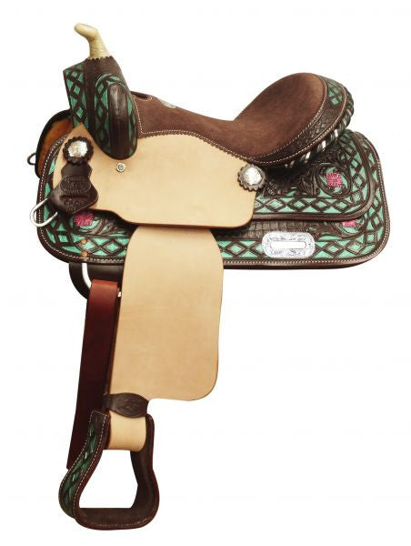 13" Double T  Youth saddle with metallic teal painted accents. CLEARANCE