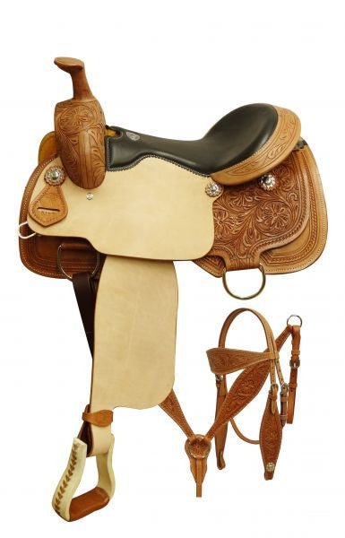 16"  Double T  Roper style saddle set with floral tooling.