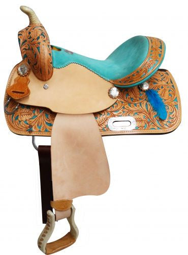 13" Double T  Youth saddle with feather accents.