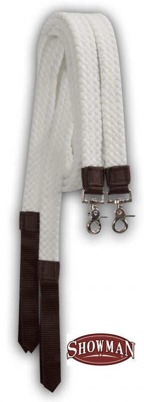Showman ® 7.5 ft long white cotton split reins with nylon poppers and scissor snap ends.