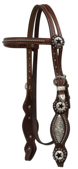 Showman™ Leather double stitched silver beaded browband headstall with texas star conchos.