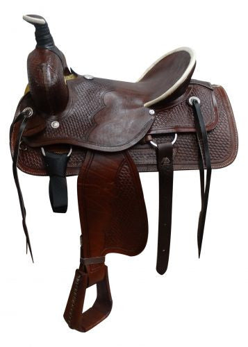 16" Buffalo roper style highback hardseat saddle with basketweave tooling.