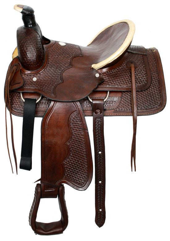 16" Basketweave tooled Buffalo roper style highback hardseat saddle.