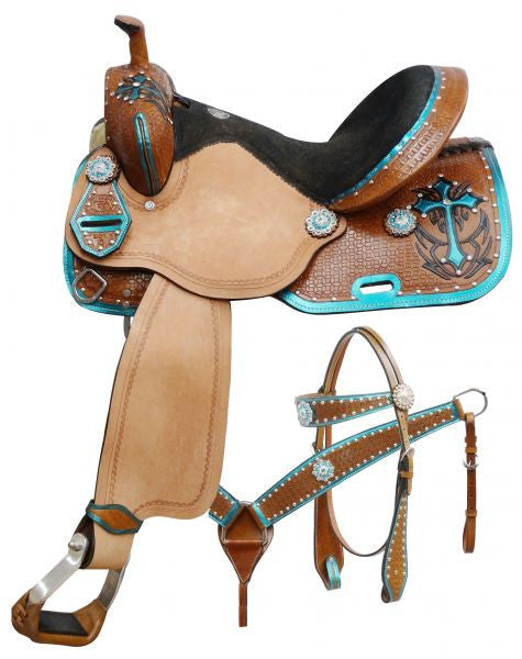 14", 15", 16" Double T  barrel style saddle set with metallic teal painted cross.