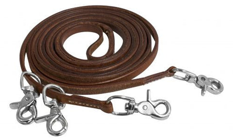 Showman ®  Harness leather draw reins with 4 scissor snaps. 3/8" x 11ft.