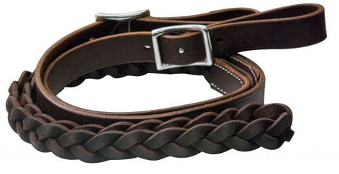 One piece leather braided middle roping rein with buckles.