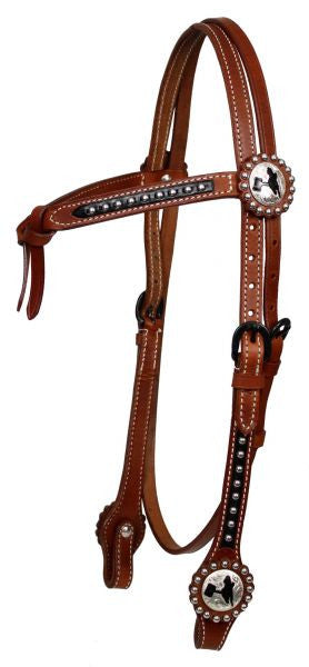Showman™ double stitched leather furturity knot silver beaded headstall with silver engraved barrel racer conchos.