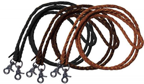 One piece leather braided roping reins with scissor snap ends. 7 ft long.