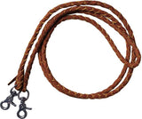 One piece leather braided roping reins with scissor snap ends. 7 ft long.