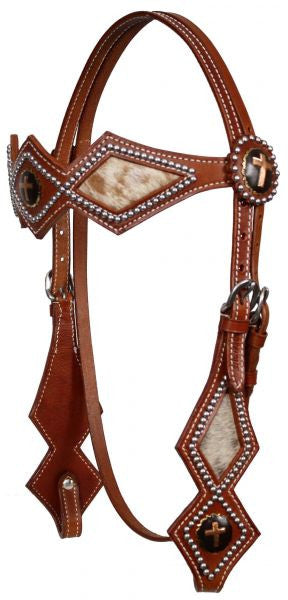 Showman™  double stitched leather silver beaded diamond shaped browband headstall with gold cross conchos.