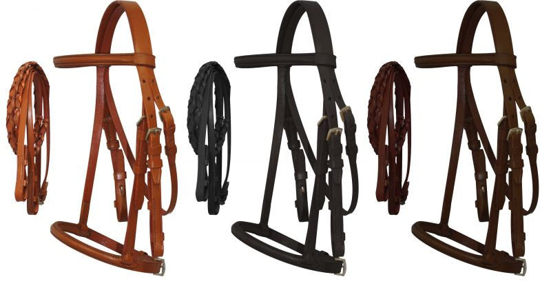 Cobb Size English headstall with raised browband and braided leather reins