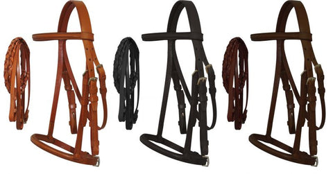 Horse Size English headstall with raised browband and braided leather reins