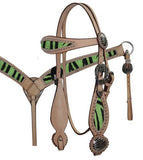 Showman™ double stitched leather wide browband headstall and breast collar set with hair on zebra print and silver beads.
