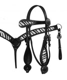 Showman™ double stitched leather wide browband headstall and breast collar set with hair on zebra print and silver beads.