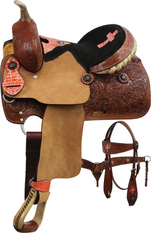 12", 13" Double T Pony/Youth Saddle Set with Coral Alligator Cross.