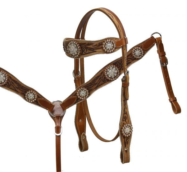 Showman ® double stitched tooled leather headstall and breast collar set accented with large crystal rhinestone conchos.