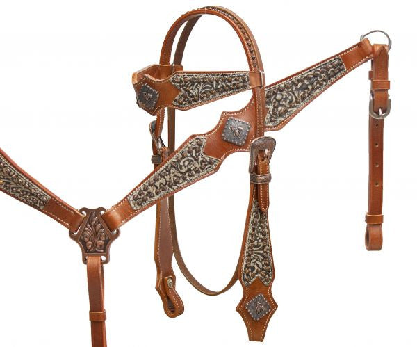 Showman ® double stitched leather headstall and breast collar set with filigree overlay and barrel racer conchos.