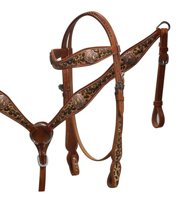 Showman ® Leopard print overlay headsall and breast collar set with barrel racer conchos.