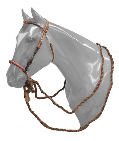 Showman ® leather futurity knot headstall with rawhide braided cheeks and bosal with horse hair mecate reins.