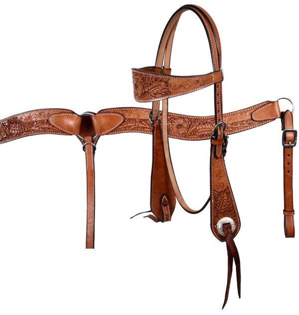 Showman™ double stitched leather wide browband headstall and breast collar set with floral tooling.