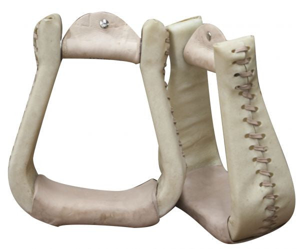 Rawhide covered stirrup with leather lacing. 3" neck, 4.75" wide and 2.5" tread
