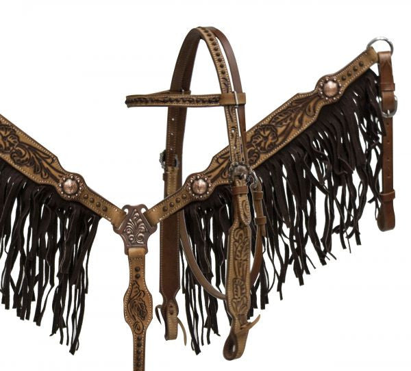 Showman ® double stitched leather headstall and breast collar set with black suede fringe and floral tooling.