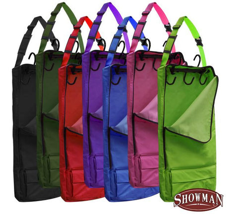Showman ® Cordura nylon tack carrier. Comes with 5 hook tack bar on top and separate storage on outside. Measures 17" wide and 30" tall.