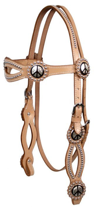 Showman™ double stitched leather silver beaded cutout browband headstall with silver engraved peace sign conchos.