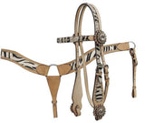 Showman™ double stitched leather headstall and breast collar set with hair on zebra print and rhinestones. Available in 3 zebra print colors.