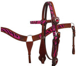 Showman™ double stitched leather headstall and breast collar set with hair on zebra print and rhinestones. Available in 3 zebra print colors.