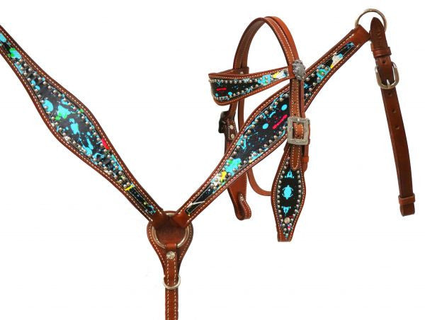 Showman ® Pony Size Paint splatter headstall and breast collar set.