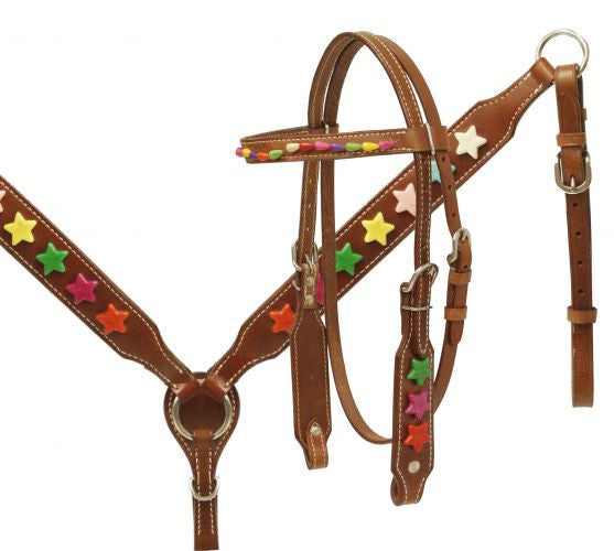 Showman ® Pony size headstall and breast collar set with multi colored star beads.