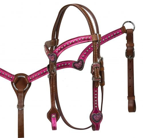 Showman ® Pony size metallic pink headstall and breast collar set with pink crystal heart conchos.